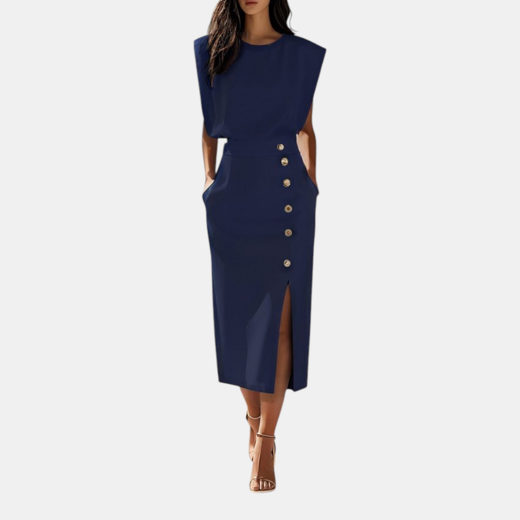 Front view of the Bella Women's Midi Dress in dark blue, featuring a sleeveless silhouette, cinched waist, decorative side buttons, and an elegant side slit. Designed by Bella Hudson.