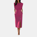 Front view of the Bella Women's Midi Dress in dark pink, featuring a sleeveless design, fitted waist, decorative side buttons, and a flattering midi-length silhouette. Designed by Bella Hudson.