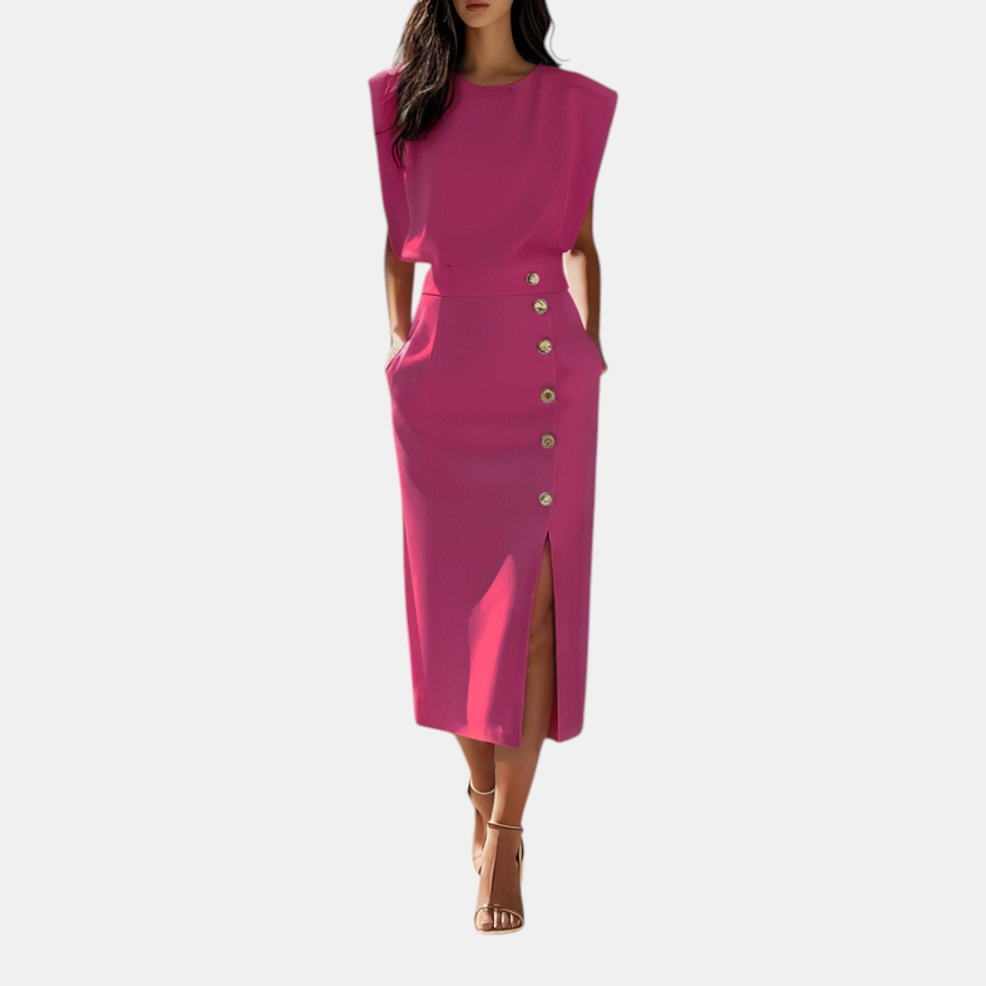 Front view of the Bella Women's Midi Dress in dark pink, featuring a sleeveless design, fitted waist, decorative side buttons, and a flattering midi-length silhouette. Designed by Bella Hudson.