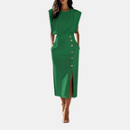 Front view of the Bella Women's Midi Dress in green, featuring a sleeveless design, cinched waist, decorative side buttons, and a sophisticated midi-length silhouette. Designed by Bella Hudson.