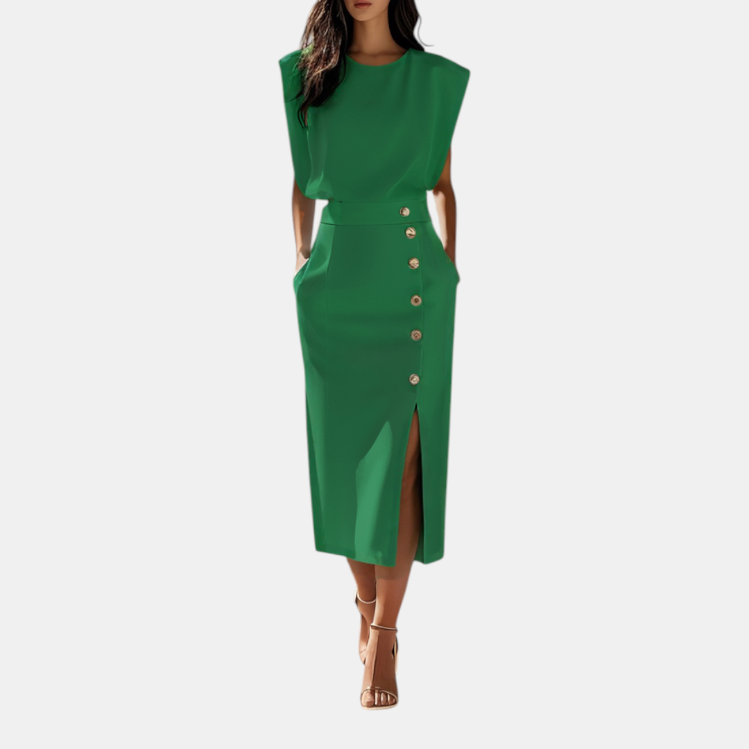 Front view of the Bella Women's Midi Dress in green, featuring a sleeveless design, cinched waist, decorative side buttons, and a sophisticated midi-length silhouette. Designed by Bella Hudson.