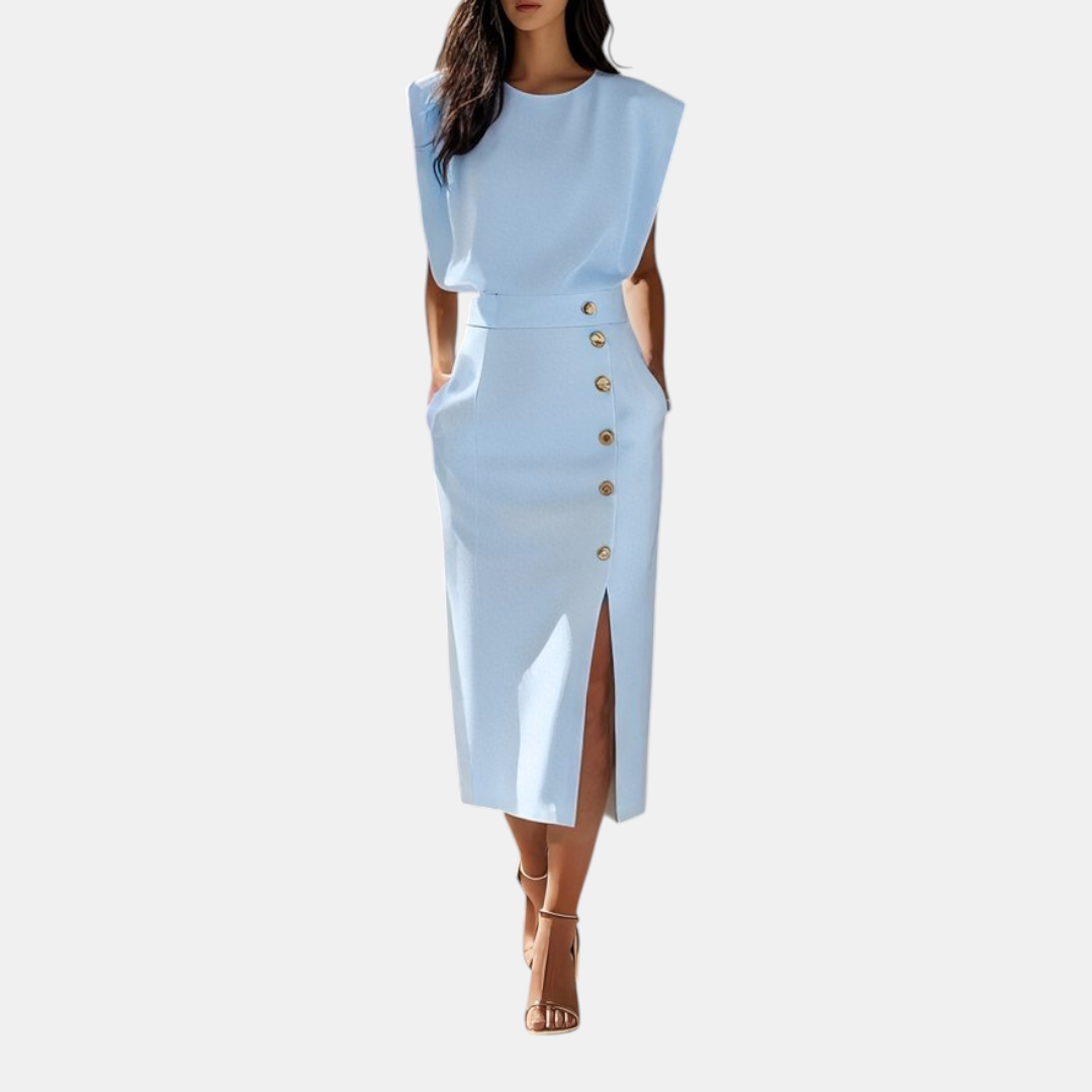 Front view of the Bella Women's Midi Dress in light blue, featuring a sleeveless silhouette, round neckline, fitted waist, decorative side buttons, and a graceful midi length. Designed by Bella Hudson.