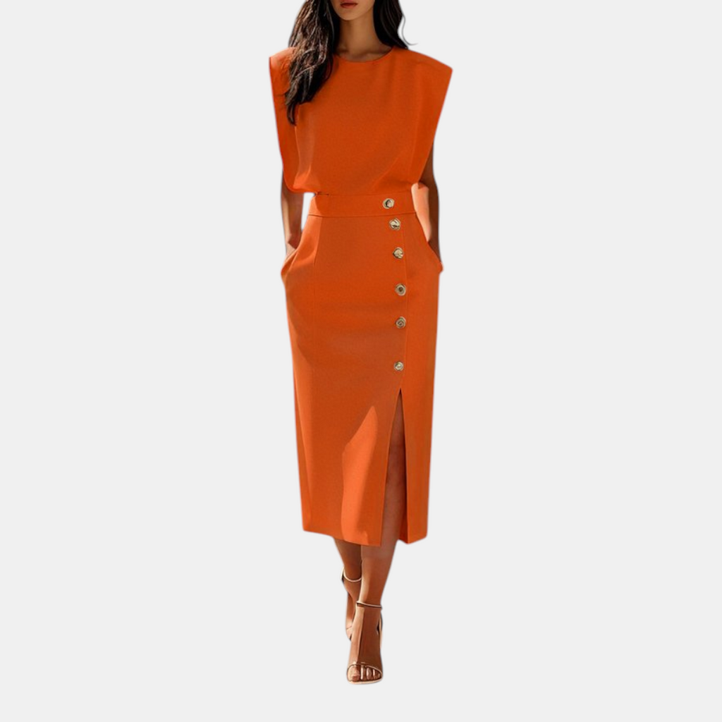 Front view of the Bella Women's Midi Dress in orange, featuring a sleeveless design, round neckline, decorative side buttons, side slit, and a refined midi-length silhouette. Designed by Bella Hudson.