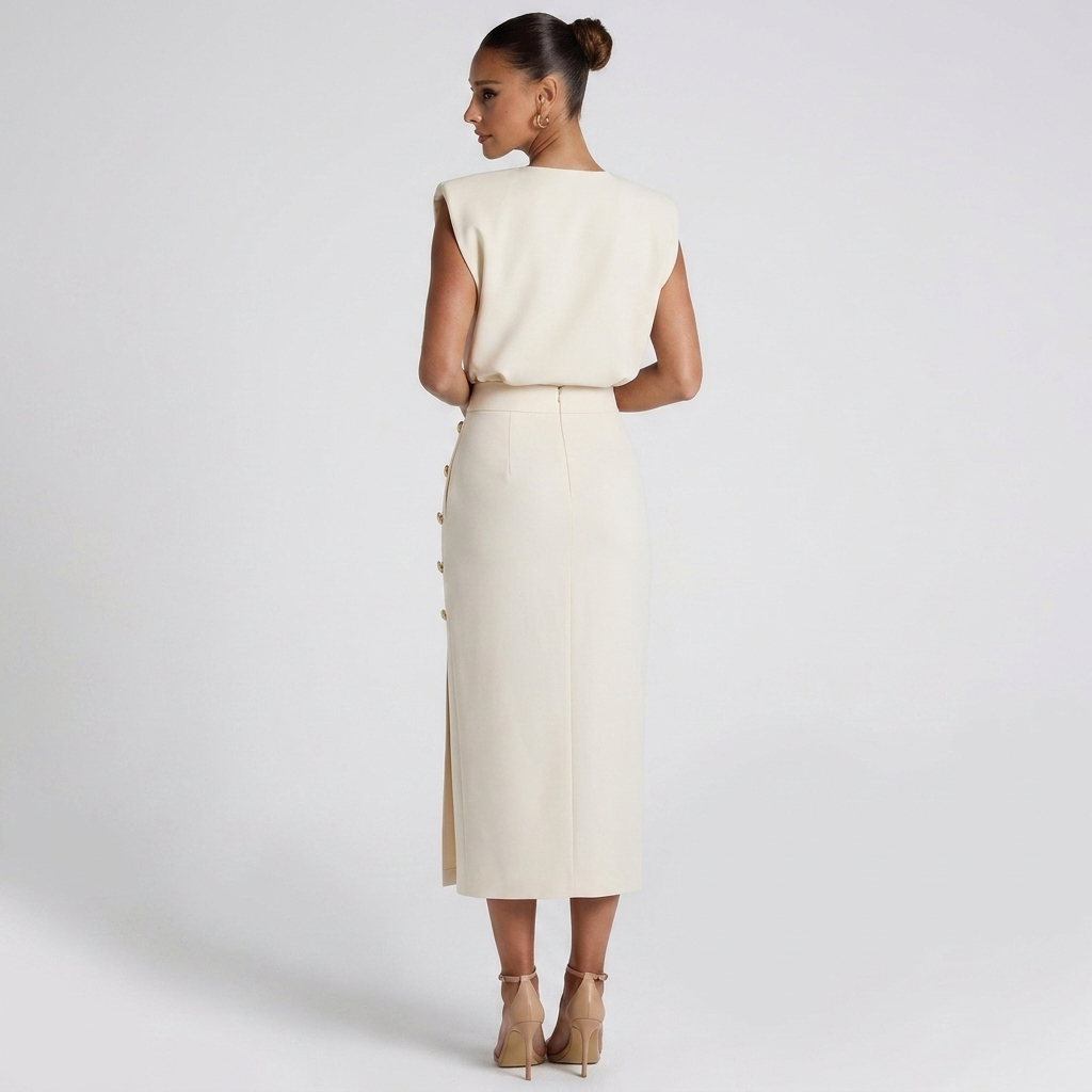 Back view of the Bella Women's Midi Dress in white, highlighting the sleeveless cut, cinched waist, and clean tailored midi silhouette. Designed by Bella Hudson.
