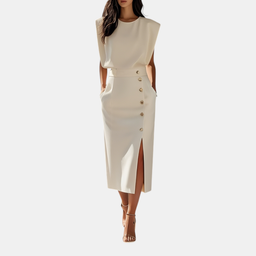 Front detail view of the Bella Women's Midi Dress in white, showcasing the decorative side buttons, side slit, sleeveless silhouette, and refined midi-length styling. Designed by Bella Hudson.