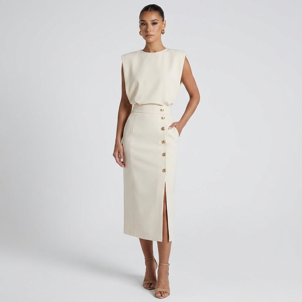 Front view of the Bella Women's Midi Dress in white, featuring a sleeveless design, round neckline, cinched waist, decorative side buttons, side slit, and an elegant midi-length silhouette. Designed by Bella Hudson.