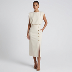 Front view of the Bella Women's Midi Dress in white, featuring a sleeveless design, round neckline, cinched waist, decorative side buttons, side slit, and an elegant midi-length silhouette. Designed by Bella Hudson.