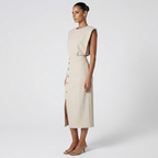 Side view of the Bella Women's Midi Dress in white, showcasing the sleeveless silhouette, fitted waist, decorative side buttons, and flattering midi-length profile. Designed by Bella Hudson.