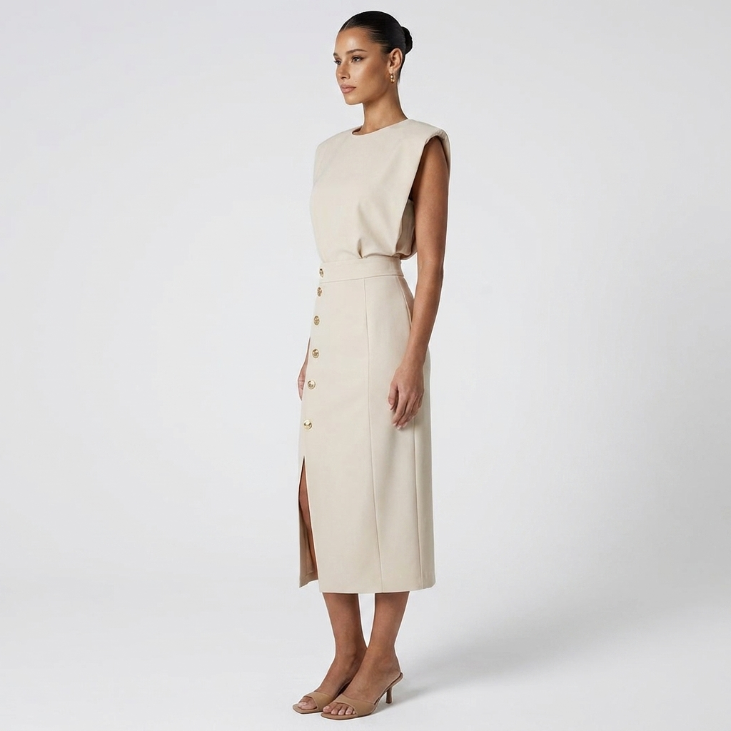 Side view of the Bella Women's Midi Dress in white, showcasing the sleeveless silhouette, fitted waist, decorative side buttons, and flattering midi-length profile. Designed by Bella Hudson.