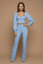 Bellamy sweetheart flared trouser two-piece set, Sky Blue