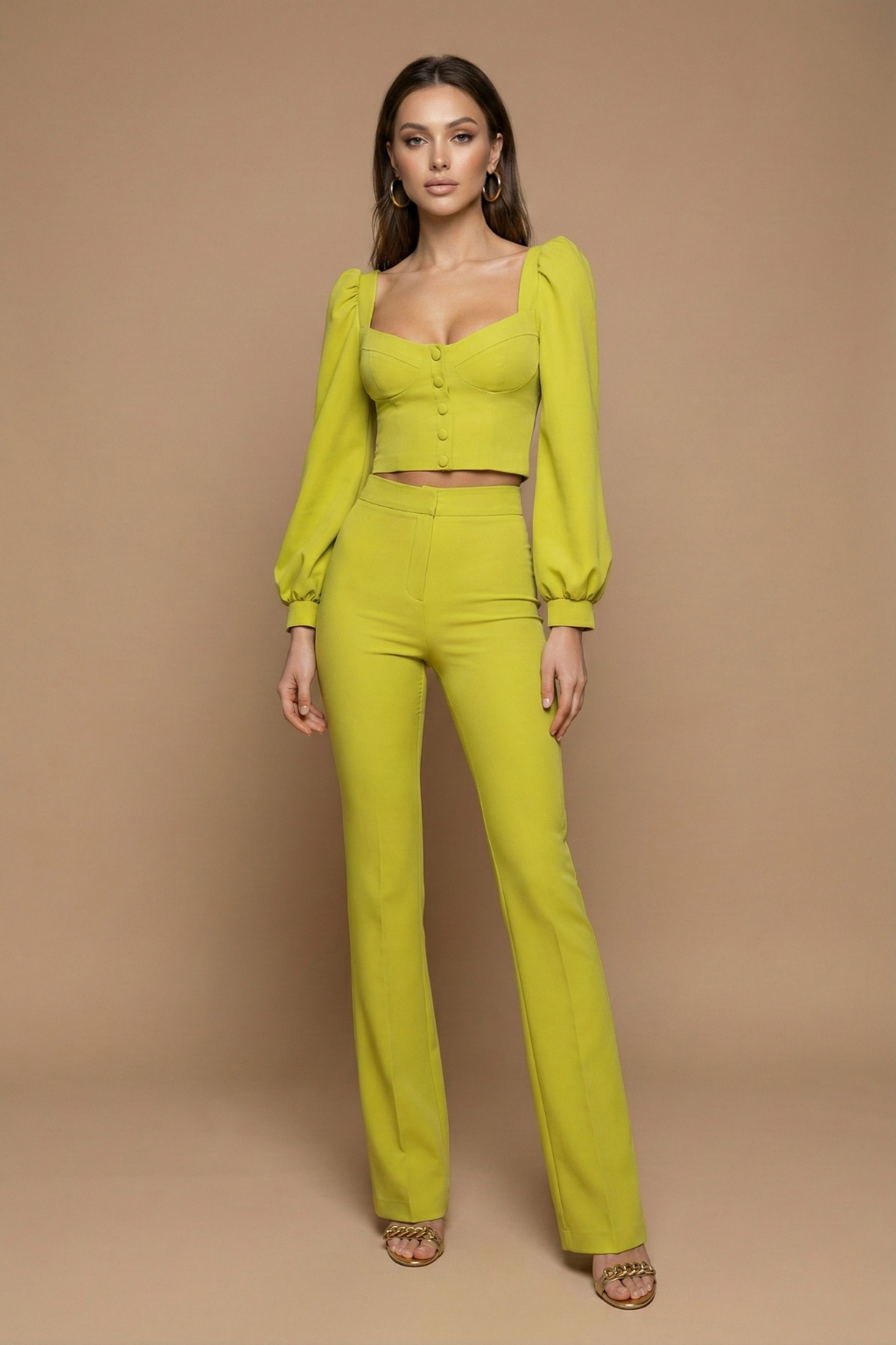 Bellamy sweetheart flared trouser two-piece set, Yellow