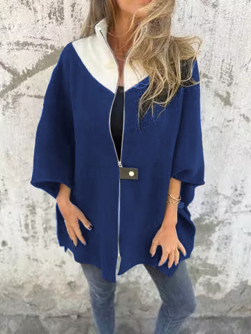 Bernadette Oversized Stand-Up Collar Zip Jacket, Blue