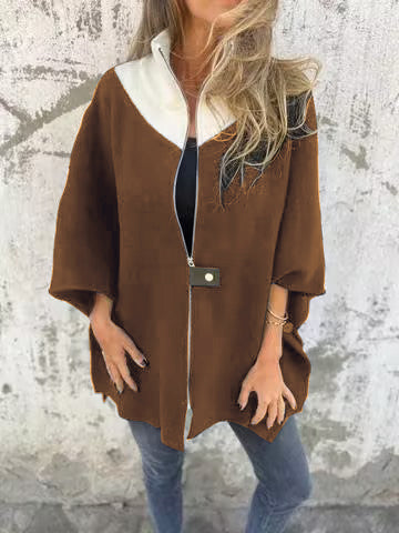 Bernadette Oversized Stand-Up Collar Zip Jacket, Dark Brown