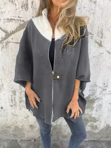 Bernadette Oversized Stand-Up Collar Zip Jacket, Gray