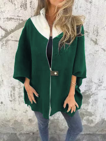Bernadette Oversized Stand-Up Collar Zip Jacket, Green
