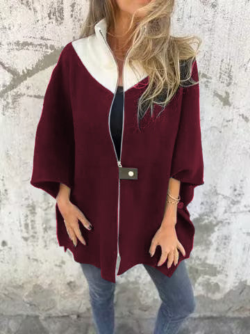 Bernadette Oversized Stand-Up Collar Zip Jacket, Red
