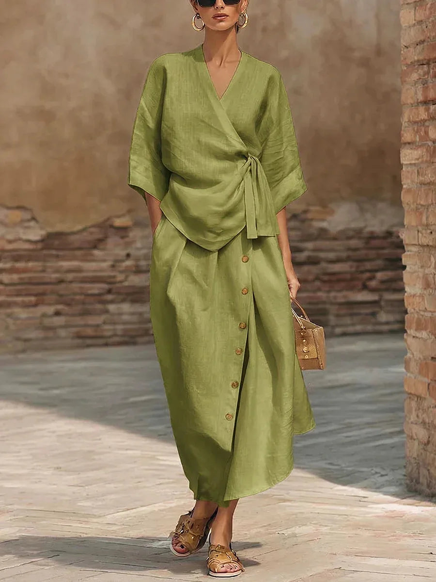 Bettina wrap blouse and midi skirt set, Green