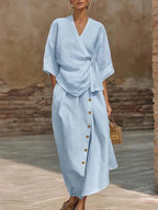 Bettina wrap blouse and midi skirt set, Light Blue