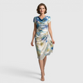 Front view of the Bianca Midi Lightweight Dress Watercolor-Print Cowl-Neck in sky blue, featuring a draped cowl neckline, cap sleeves, lightweight fabric, watercolor floral print, and an elegant asymmetrical midi silhouette. Designed by Bella Hudson.