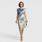 Front view of the Bianca Midi Lightweight Dress Watercolor-Print Cowl-Neck in sky blue, featuring a draped cowl neckline, cap sleeves, lightweight fabric, watercolor floral print, and an elegant asymmetrical midi silhouette. Designed by Bella Hudson.