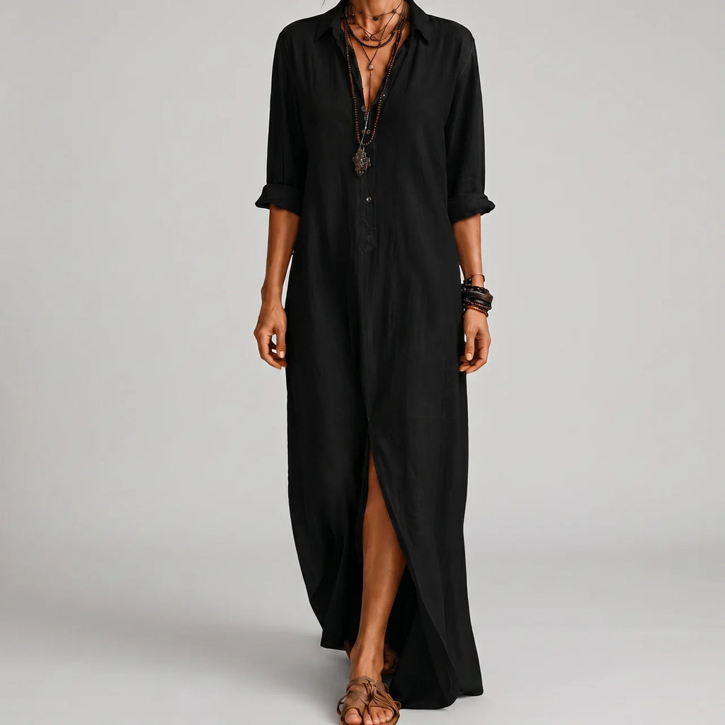 Black boho maxi shirt dress front view with rolled sleeves BELLA HUDSON
