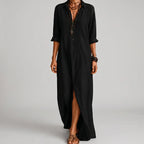 Black boho maxi shirt dress front view with rolled sleeves BELLA HUDSON