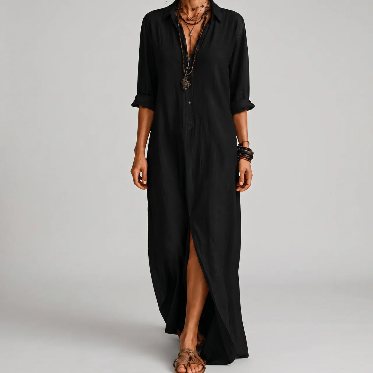 Black boho maxi shirt dress front view with rolled sleeves BELLA HUDSON