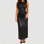Front view of black faux leather sleeveless maxi dress with fitted silhouette by BELLA HUDSON