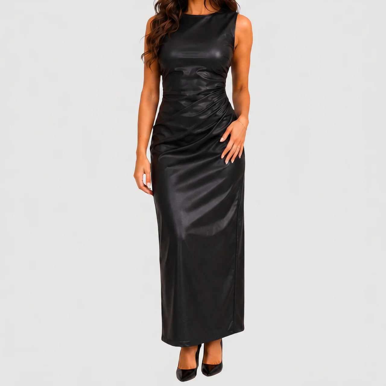 Statement Bodycon Maxi Dress Faux Leather, Black / XL