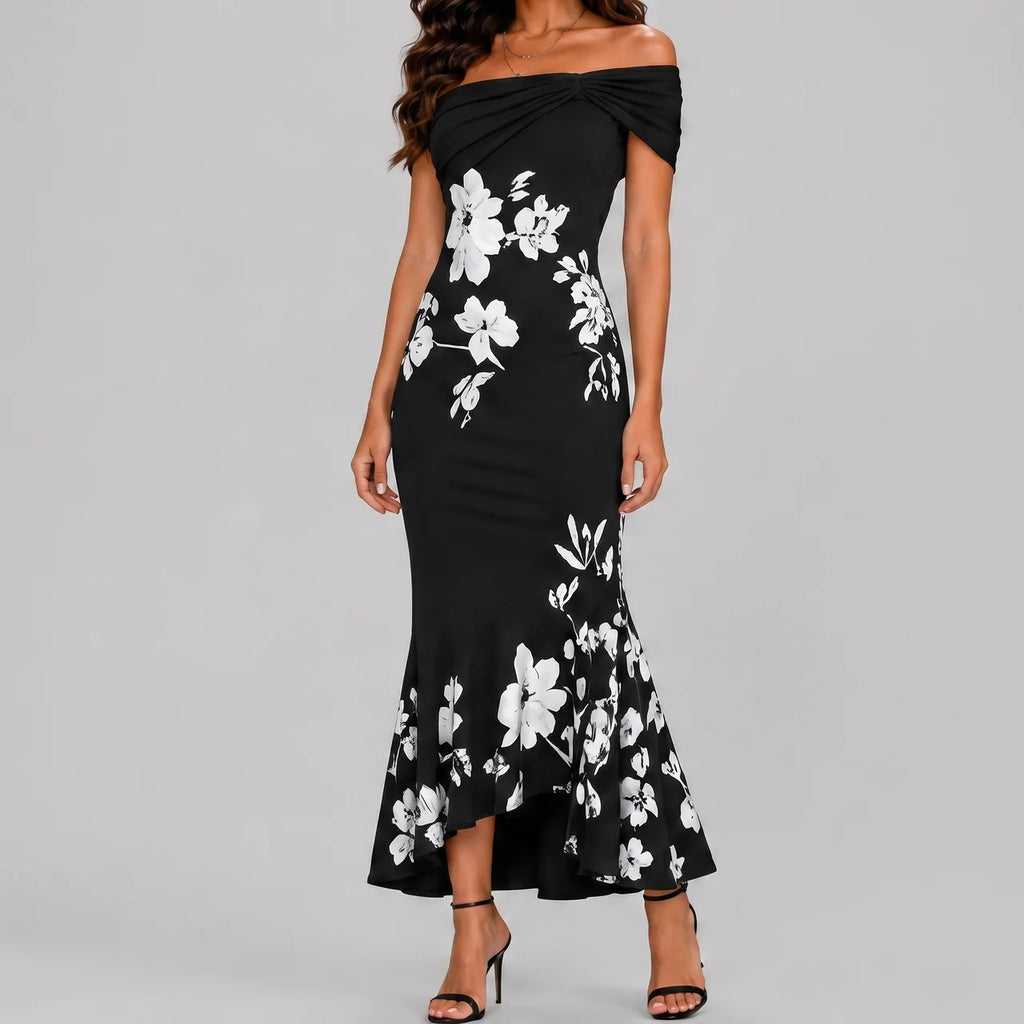 Front view of black floral off shoulder maxi dress with fitted silhouette by BELLA HUDSON
