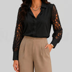 Front view of black lace sleeve blouse with long crochet sleeves and collared neckline by BELLA HUDSON