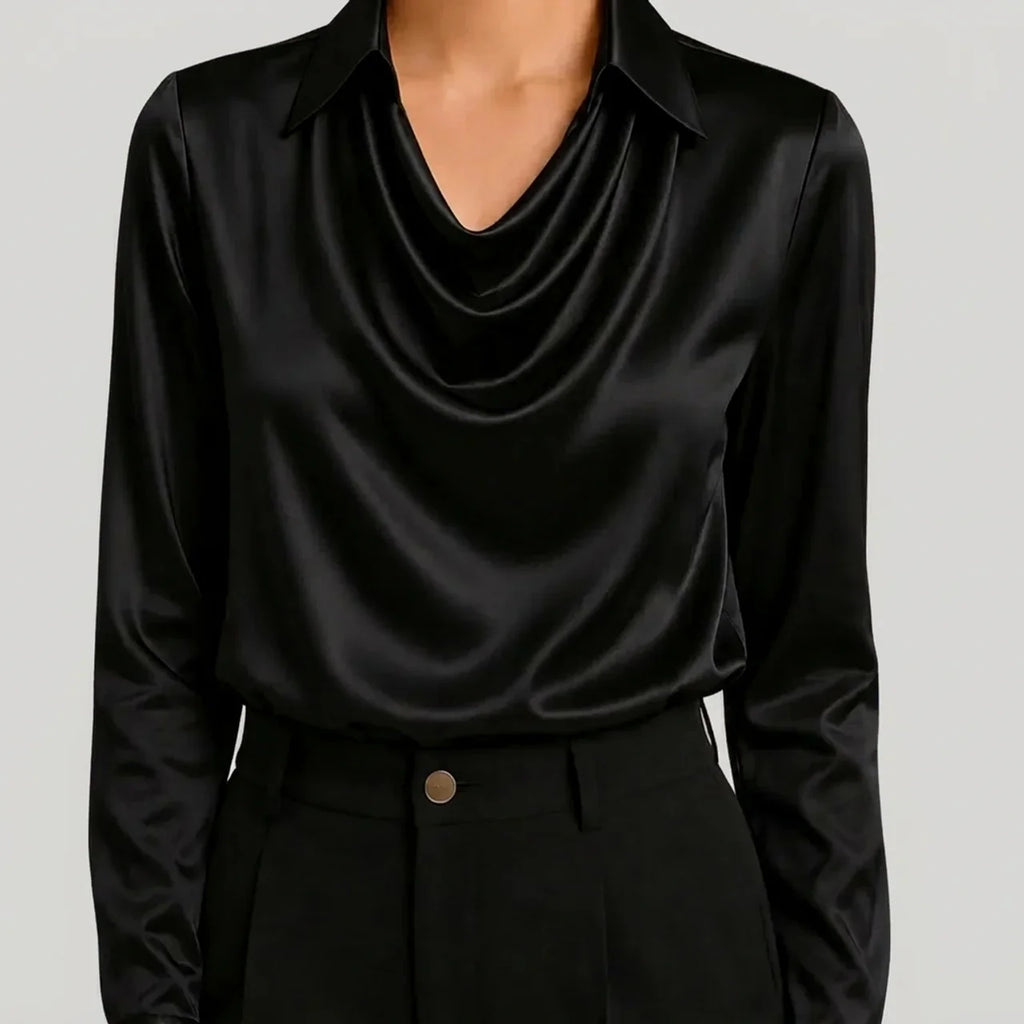 Black satin cowl neck blouse with long sleeves front view BELLA HUDSON