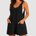 Front view of black sleeveless short jumpsuit with relaxed silhouette by BELLA HUDSON