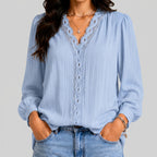Front view of blue boho button blouse with long sleeves and textured fabric by BELLA HUDSON