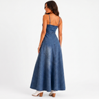 Blue button front maxi denim dress back view with full length silhouette BELLA HUDSON