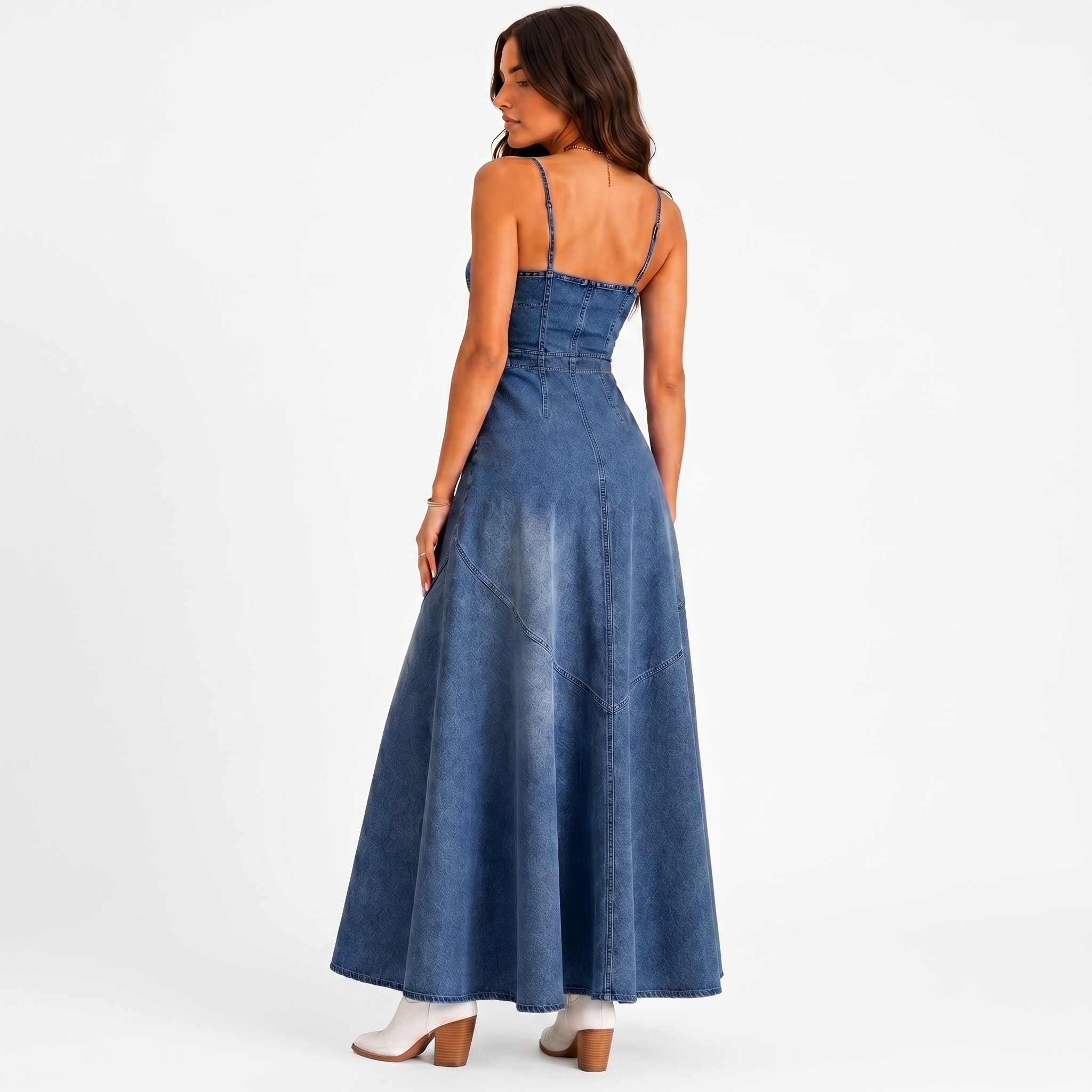 Blue button front maxi denim dress back view with full length silhouette BELLA HUDSON