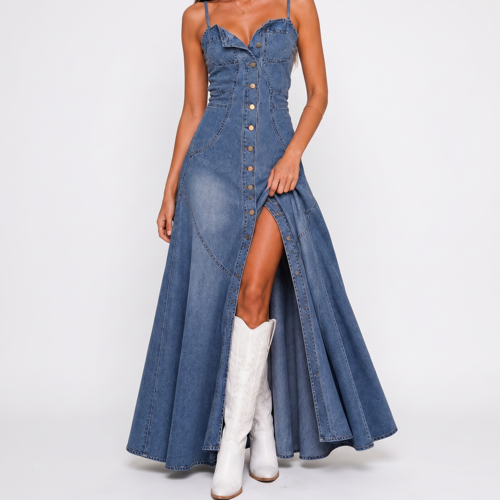 Blue button front maxi denim dress front view with high slit BELLA HUDSON