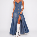 Blue button front maxi denim dress front view with high slit BELLA HUDSON