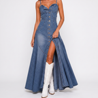 Blue button front maxi denim dress front view with high slit BELLA HUDSON