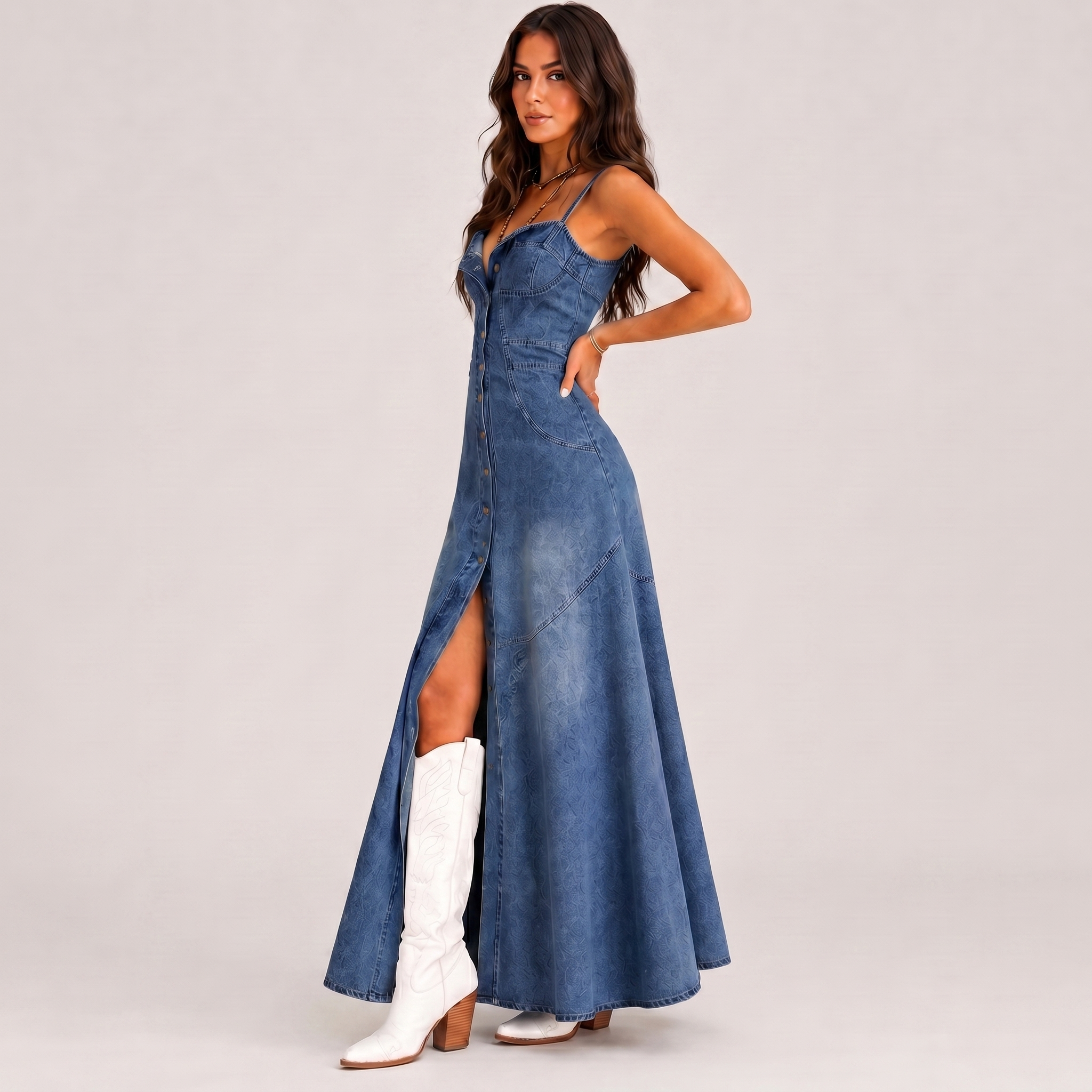 Blue button front maxi denim dress side view with fitted silhouette and BELLA HUDSON