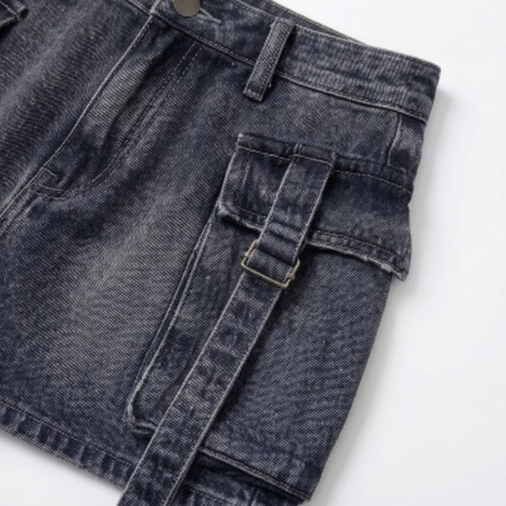 Close-up of blue denim cargo mini skirt with pocket and belt detail BELLA HUDSON