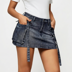 blue denim cargo mini skirt with pockets front view BELLA HUDSON