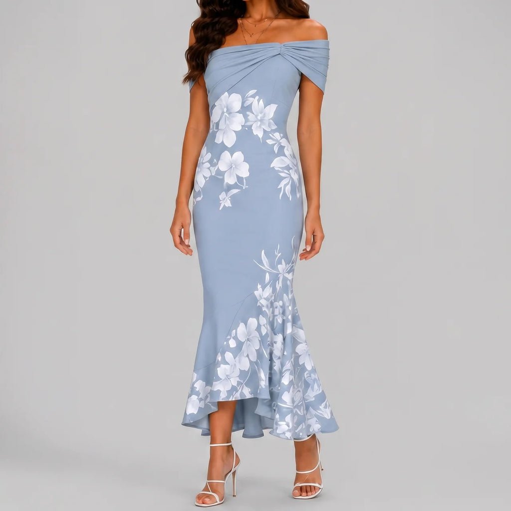 Front view of blue floral off shoulder maxi dress with fitted silhouette by BELLA HUDSON