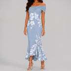 Front view of blue floral off shoulder maxi dress with fitted silhouette by BELLA HUDSON