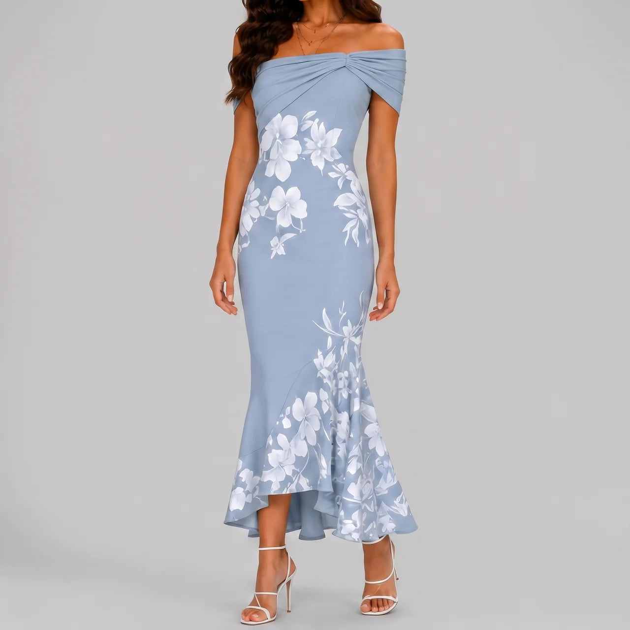 Front view of blue floral off shoulder maxi dress with fitted silhouette by BELLA HUDSON