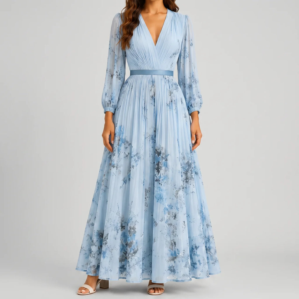 Front view of blue floral V-neck maxi dress with flowy silhouette by BELLA HUDSON