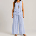 Front view of blue stripes layered sleeveless top and wide leg pants set by BELLA HUDSON