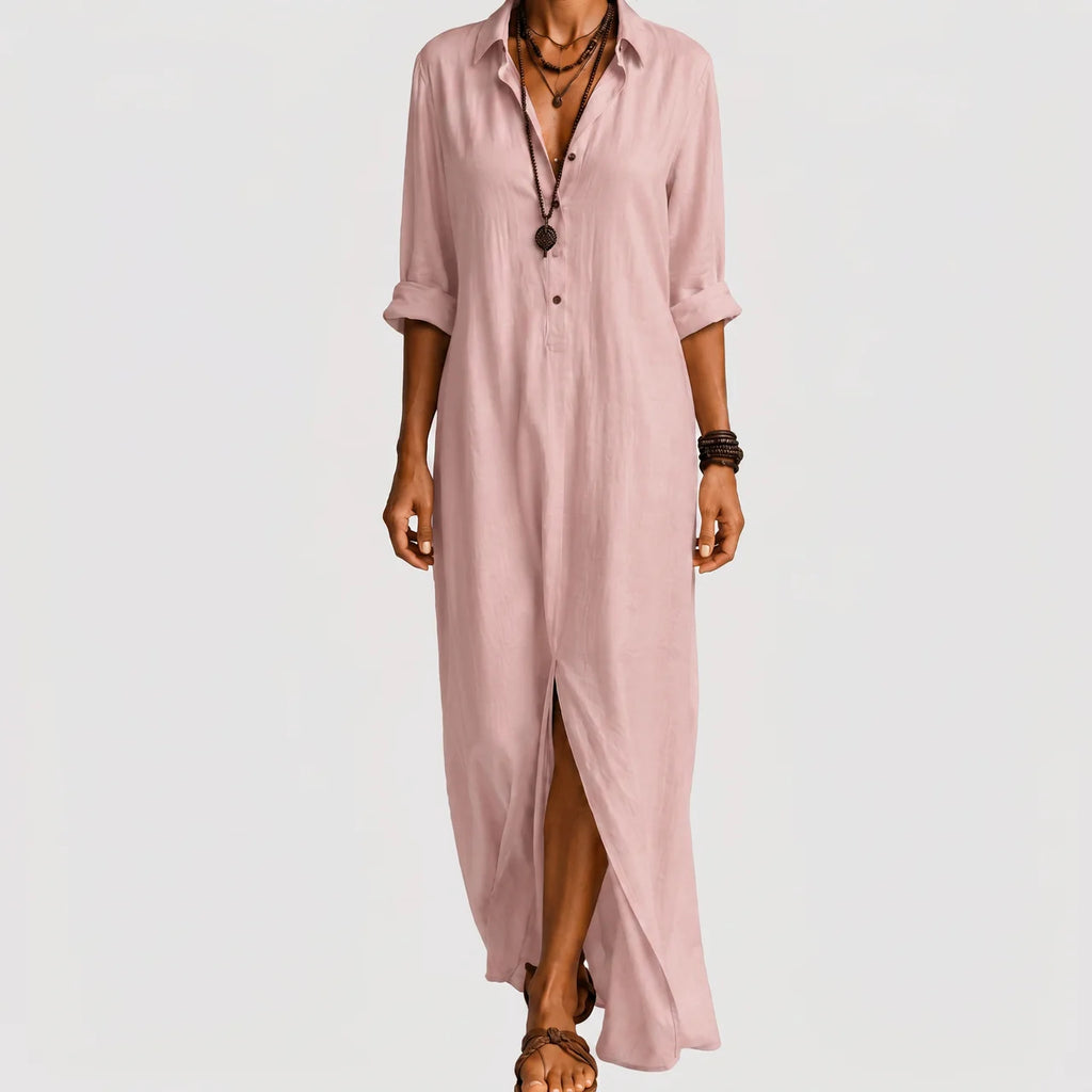 Blush pink boho maxi shirt dress front view with rolled sleeves BELLA HUDSON