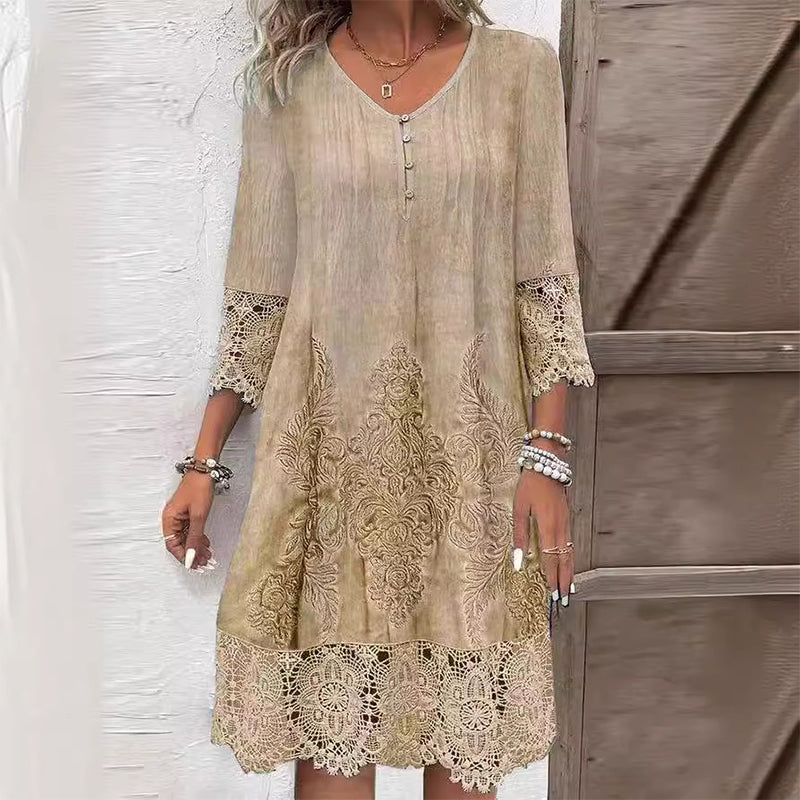 Front view of Khaki Bohemian Dress with Floral Embroidery and Delicate Lace Trim by BELLA HUDSON