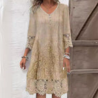 Front view of Khaki Bohemian Dress with Floral Embroidery and Delicate Lace Trim by BELLA HUDSON